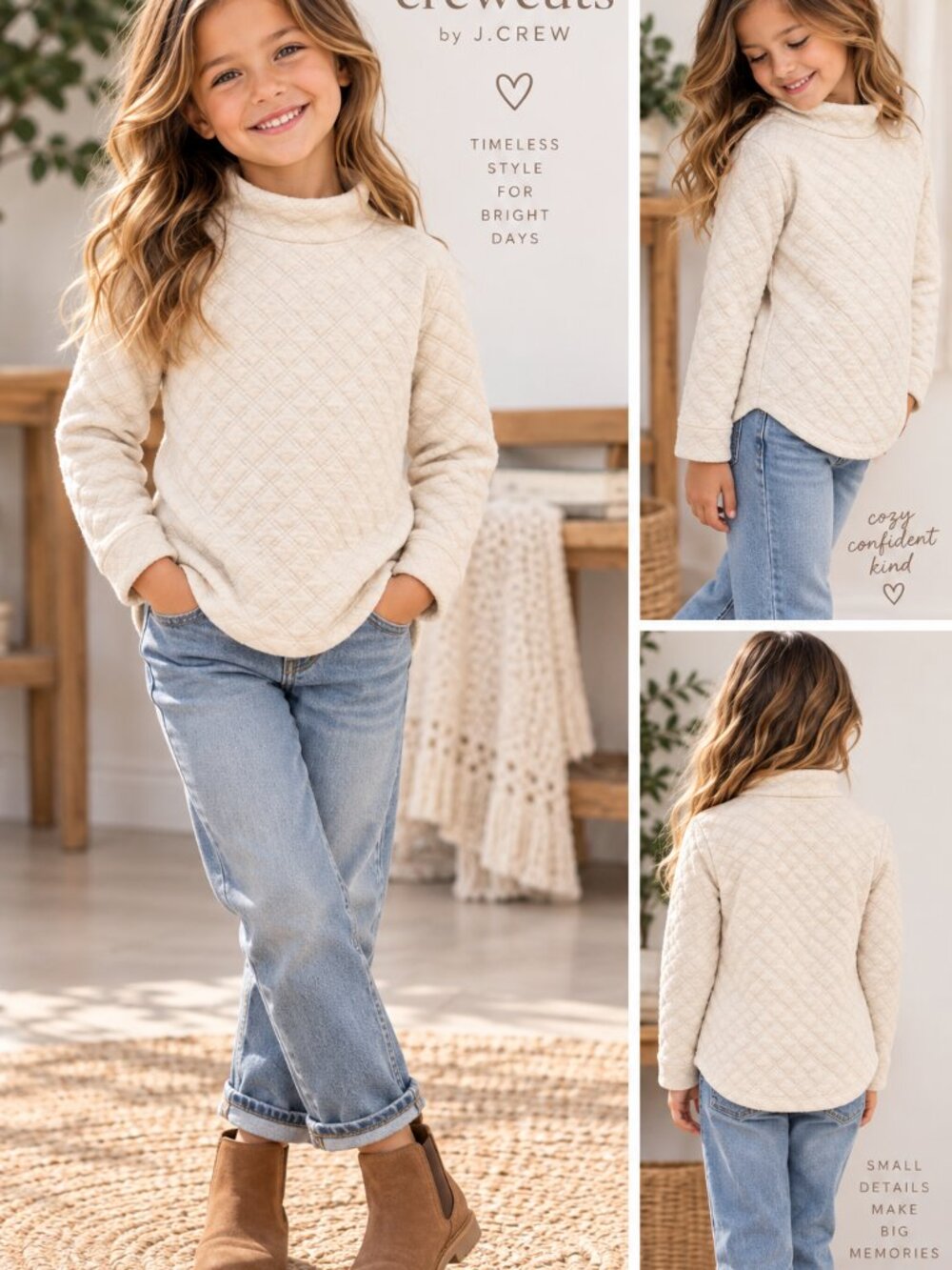 Crewcuts J.Crew Girls Quilted Mock Neck Pullover Sweater Ivory Size S 6/7